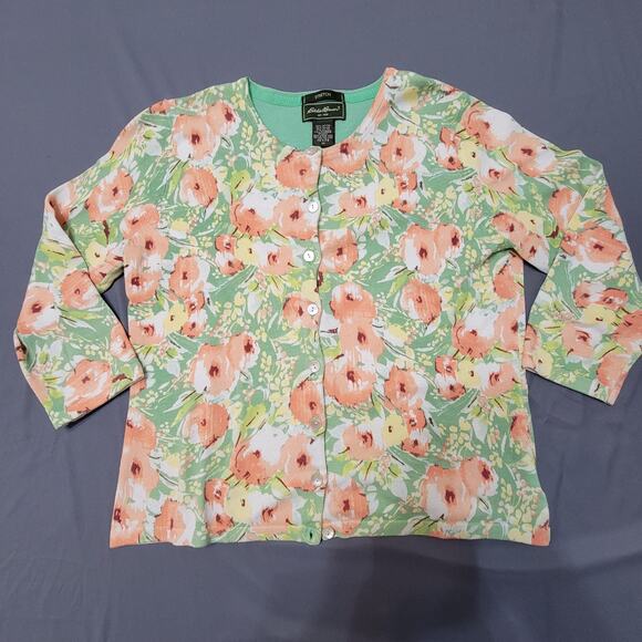 Eddie Bauer Floral Cardigan Mint Green Stretch Cotton Petite M - Picture 1 of 8